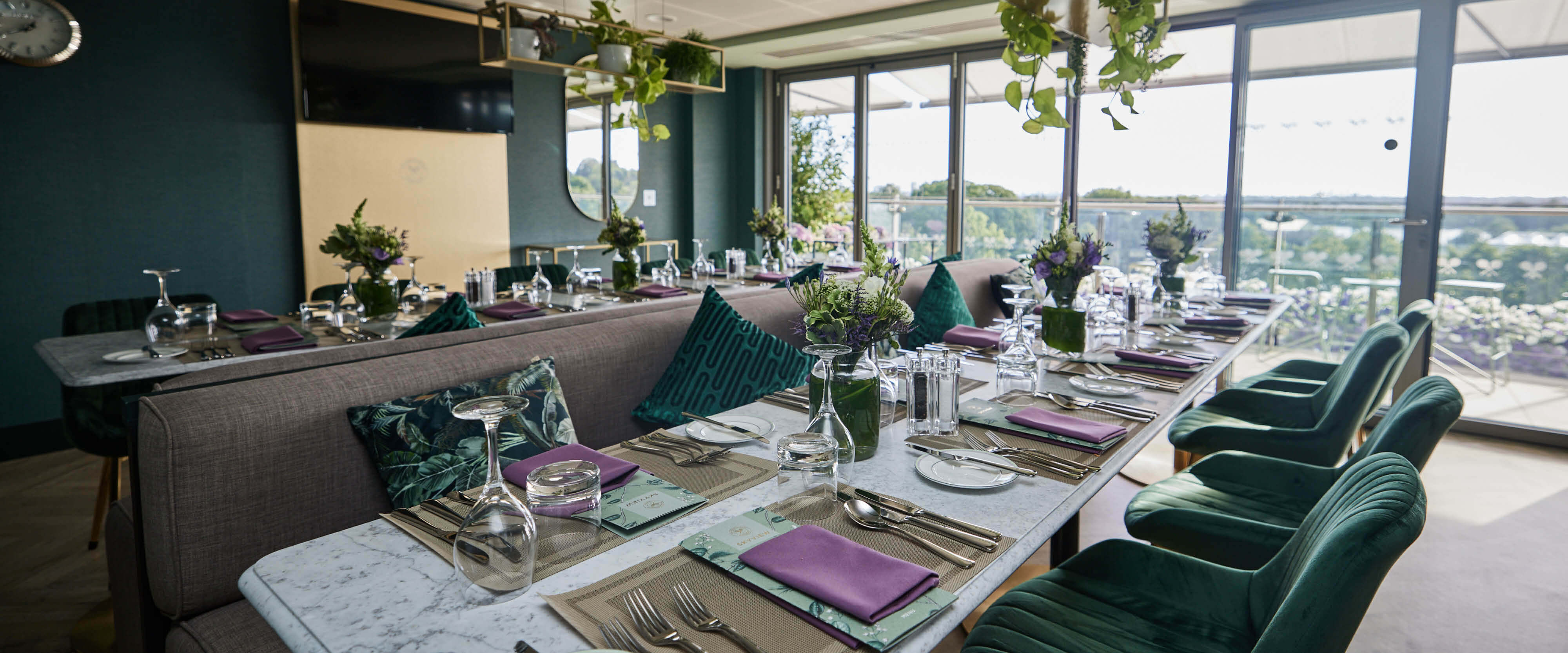 Skyview Suites private dining area set up for guests  at The Championships Wimbledon